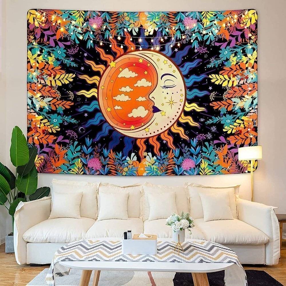 𝅺PSYCHEDELIC Moon Stars Garden Flower Tapestry Mandala Living Room Bedroom Dorm
